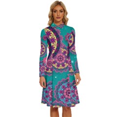 Floral Pattern Abstract Colorful Flow Oriental Spring Summer Long Sleeve Shirt Collar A-line Dress by Cemarart