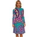 Floral Pattern Abstract Colorful Flow Oriental Spring Summer Long Sleeve Shirt Collar A-Line Dress View1