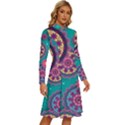 Floral Pattern Abstract Colorful Flow Oriental Spring Summer Long Sleeve Shirt Collar A-Line Dress View3