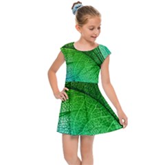 3d Leaves Texture Sheet Blue Green Kids  Cap Sleeve Dress by Cemarart