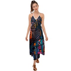 Wallet City Art Graffiti Halter Tie Back Dress  by Bedest