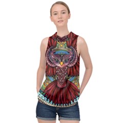 Colorful Owl Art Red Owl High Neck Satin Top by Bedest