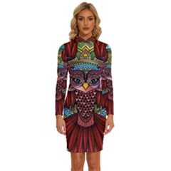 Colorful Owl Art Red Owl Long Sleeve Shirt Collar Bodycon Dress by Bedest