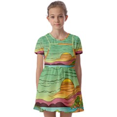 Painting Colors Box Green Kids  Short Sleeve Pinafore Style Dress by Bedest