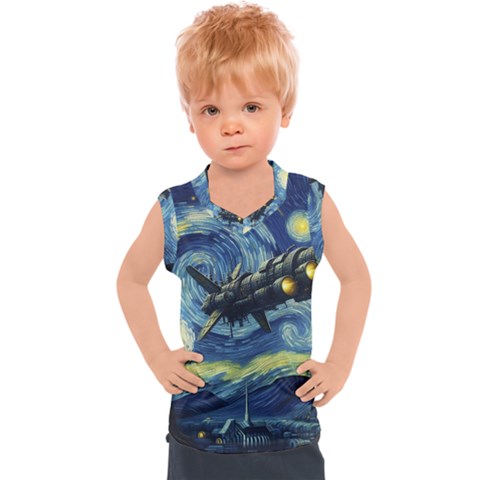 Spaceship Starry Night Van Gogh Painting Kids  Sport Tank Top by Maspions