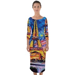 Eiffel Tower Starry Night Print Van Gogh Quarter Sleeve Midi Bodycon Dress by Maspions