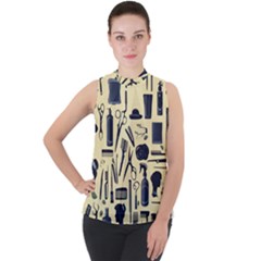 Elegant Hairdresser Pattern Cream Mock Neck Chiffon Sleeveless Top by TetiBright