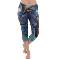 Tree Branches Mystical Moon Expressionist Oil Painting Acrylic Painting Abstract Nature Moonlight Ni Lightweight Velour Capri Yoga Leggings by Maspions