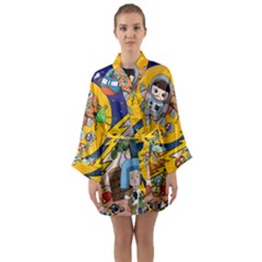 Astronaut Moon Monsters Spaceship Universe Space Cosmos Long Sleeve Satin Kimono by Maspions