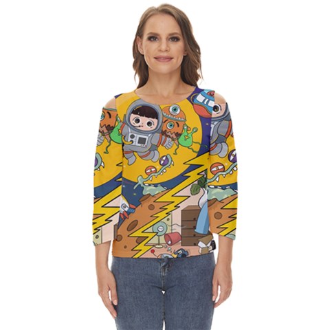 Astronaut Moon Monsters Spaceship Universe Space Cosmos Cut Out Wide Sleeve Top by Maspions