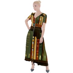 Books Bookshelves Library Fantasy Apothecary Book Nook Literature Study Button Up Short Sleeve Maxi Dress by Grandong