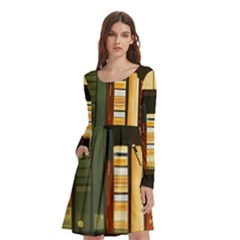 Books Bookshelves Library Fantasy Apothecary Book Nook Literature Study Long Sleeve Knee Length Skater Dress With Pockets by Grandong