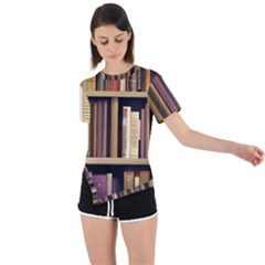 Books Bookshelves Office Fantasy Background Artwork Book Cover Apothecary Book Nook Literature Libra Asymmetrical Short Sleeve Sports T-shirt by Grandong