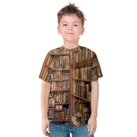 Room Interior Library Books Bookshelves Reading Literature Study Fiction Old Manor Book Nook Reading Kids  Cotton T-shirt by Grandong