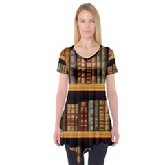 Room Interior Library Books Bookshelves Reading Literature Study Fiction Old Manor Book Nook Reading Short Sleeve Tunic  by Grandong