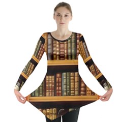 Room Interior Library Books Bookshelves Reading Literature Study Fiction Old Manor Book Nook Reading Long Sleeve Tunic  by Grandong