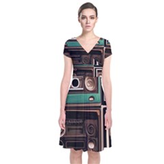 Retro Electronics Old Antiques Texture Wallpaper Vintage Cassette Tapes Retrospective Short Sleeve Front Wrap Dress by Grandong