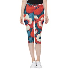 Red Poppies Flowers Art Nature Pattern Inside Out Lightweight Velour Capri Leggings  by Maspions