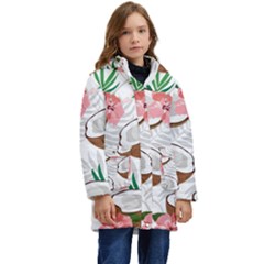 Seamless Pattern Coconut Piece Palm Leaves With Pink Hibiscus Kids  Hooded Longline Puffer Jacket by Apen