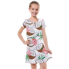 Seamless Pattern Coconut Piece Palm Leaves With Pink Hibiscus Kids  Cross Web Dress by Apen