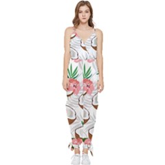 Seamless Pattern Coconut Piece Palm Leaves With Pink Hibiscus Sleeveless Tie Ankle Chiffon Jumpsuit by Apen