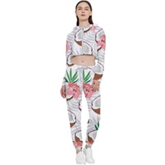 Seamless Pattern Coconut Piece Palm Leaves With Pink Hibiscus Cropped Zip Up Lounge Set by Apen