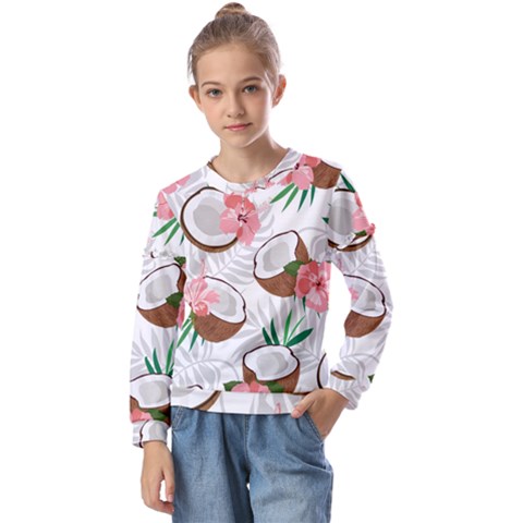 Seamless Pattern Coconut Piece Palm Leaves With Pink Hibiscus Kids  Long Sleeve T-shirt With Frill  by Apen