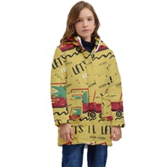 Childish Seamless Pattern With Dino Driver Kids  Hooded Longline Puffer Jacket by Apen