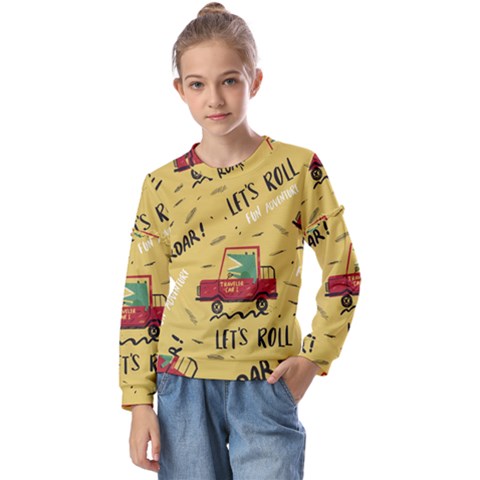 Childish Seamless Pattern With Dino Driver Kids  Long Sleeve T-shirt With Frill  by Apen