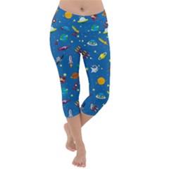 Space Rocket Solar System Pattern Lightweight Velour Capri Yoga Leggings by Apen