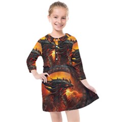 Dragon Fire Fantasy Art Kids  Quarter Sleeve Shirt Dress by Maspions