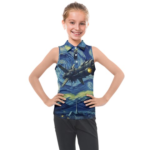 Spaceship Starry Night Van Gogh Painting Kids  Sleeveless Polo T-shirt by Maspions
