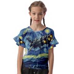 Spaceship Starry Night Van Gogh Painting Kids  Cut Out Flutter Sleeves by Maspions