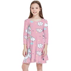 Cute Unicorn Seamless Pattern Kids  Quarter Sleeve Skater Dress by Apen