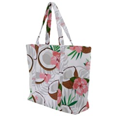 Seamless Pattern Coconut Piece Palm Leaves With Pink Hibiscus Zip Up Canvas Bag by Apen