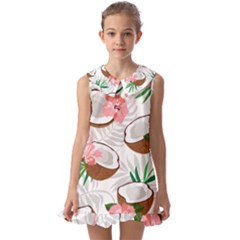 Seamless Pattern Coconut Piece Palm Leaves With Pink Hibiscus Kids  Pilgrim Collar Ruffle Hem Dress by Apen