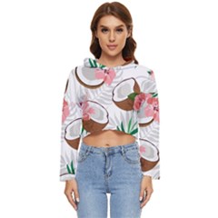 Seamless Pattern Coconut Piece Palm Leaves With Pink Hibiscus Women s Lightweight Cropped Hoodie by Apen