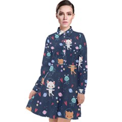 Cute Astronaut Cat With Star Galaxy Elements Seamless Pattern Long Sleeve Chiffon Shirt Dress by Apen