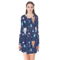 Cute Astronaut Cat With Star Galaxy Elements Seamless Pattern Long Sleeve V-neck Flare Dress by Apen