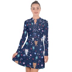 Cute Astronaut Cat With Star Galaxy Elements Seamless Pattern Long Sleeve Panel Dress by Apen