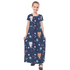 Cute Astronaut Cat With Star Galaxy Elements Seamless Pattern Kids  Short Sleeve Maxi Dress by Apen