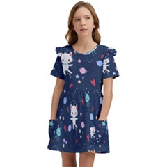 Cute Astronaut Cat With Star Galaxy Elements Seamless Pattern Kids  Frilly Sleeves Pocket Dress by Apen