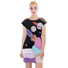 Girl Bed Space Planets Spaceship Rocket Astronaut Galaxy Universe Cosmos Woman Dream Imagination Bed Cap Sleeve Bodycon Dress by Maspions