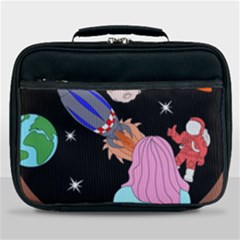 Girl Bed Space Planets Spaceship Rocket Astronaut Galaxy Universe Cosmos Woman Dream Imagination Bed Lunch Bag by Maspions