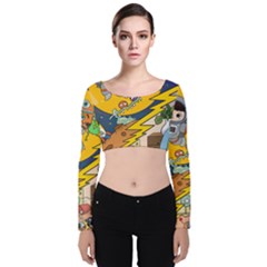 Astronaut Moon Monsters Spaceship Universe Space Cosmos Velvet Long Sleeve Crop Top by Maspions