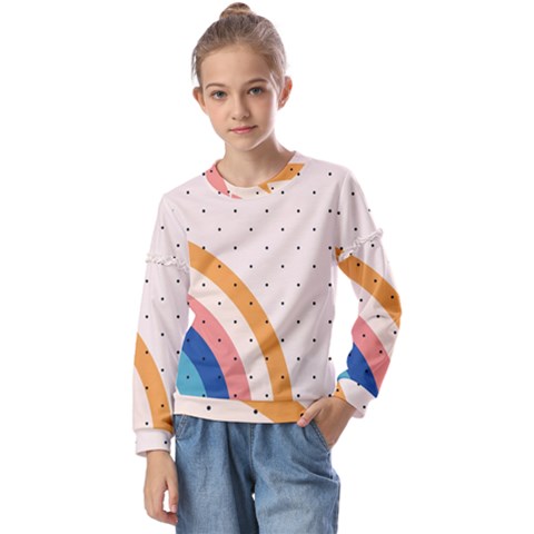 Abstract Geometric Bauhaus Polka Dots Retro Memphis Rainbow Kids  Long Sleeve T-shirt With Frill  by Maspions