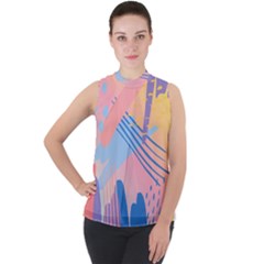 Abstract Lines Dots Pattern Purple Pink Blue Mock Neck Chiffon Sleeveless Top by Maspions