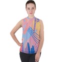 Abstract Lines Dots Pattern Purple Pink Blue Mock Neck Chiffon Sleeveless Top View1