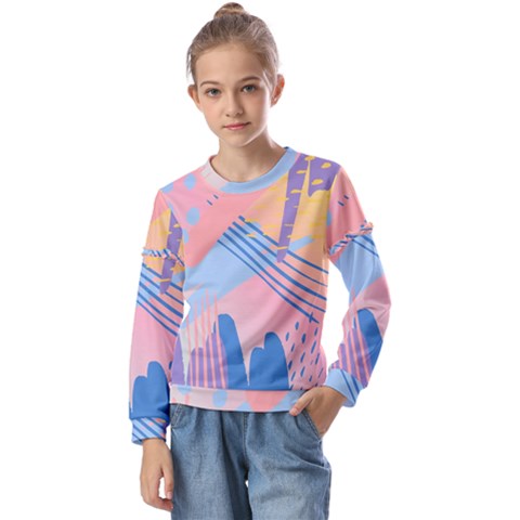 Abstract Lines Dots Pattern Purple Pink Blue Kids  Long Sleeve T-shirt With Frill  by Maspions