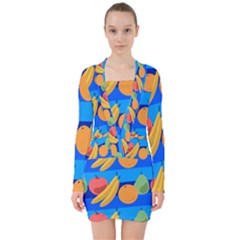 Fruit Texture Wave Fruits V-neck Bodycon Long Sleeve Dress by Askadina